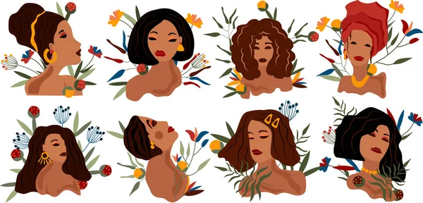 Portraits fashionable womans with different hair style, flowers and leaves. Women collection ideal for postcards, scrapbooking, posters. Trending illustration. Vector.