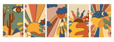 Eski moda posterler, günbatımı geçmişi, göz, mantarlar, retro çiçekler, kaktüsler ve diğerleri. Psikedelik poster, klasik tarzda. Soyut dijital poster. Vektör illüstrasyonu