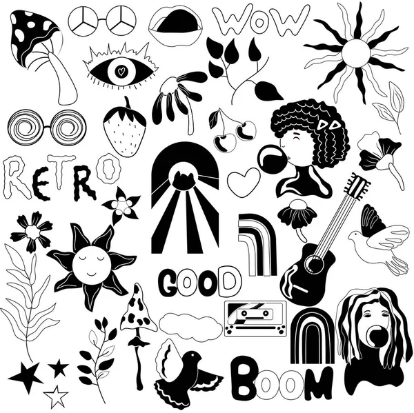 Black White 70S Groovy Element Girl Sun Flowers Leaves Mushroom — Wektor stockowy