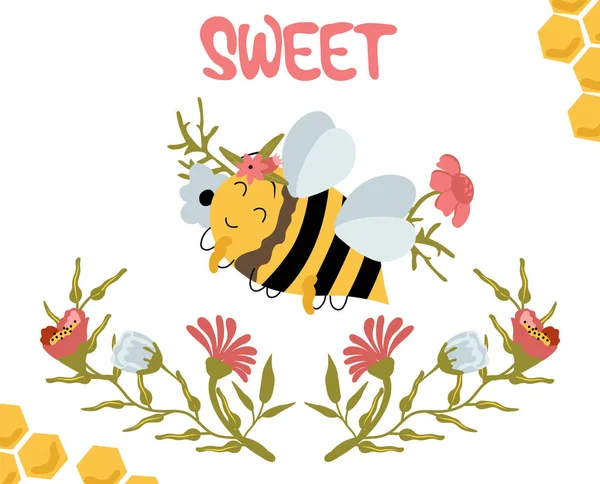 Happy Honey Bee Wildflowers Sweet Lettering Leaves Flowers Herbs Composition — Wektor stockowy