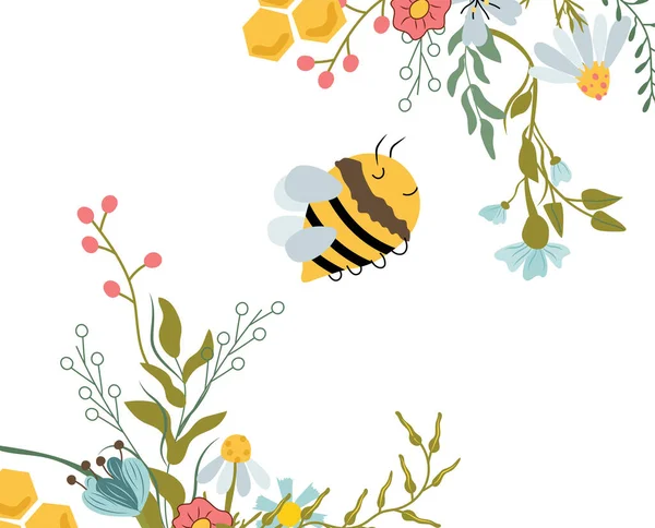 Happy Honey Bee Wildflowers Cute Bee Leaves Flowers Herbs Composition — Stockvektor