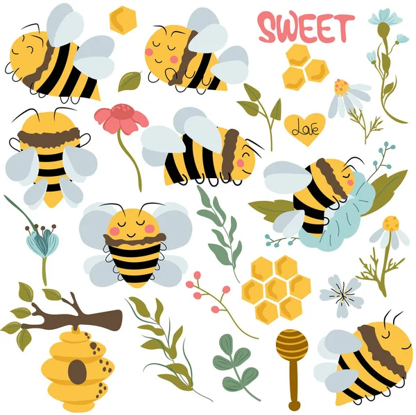 Big Honey Set Cute Bee Wildflowers Honeycomb Green Leaves Cartoon — Image vectorielle
