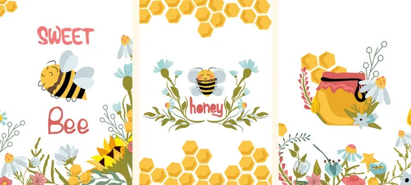 Happy Honey Bee Wildflowers Glass Jar Honey Honeycomb Wildflowers Cute — Stockvektor