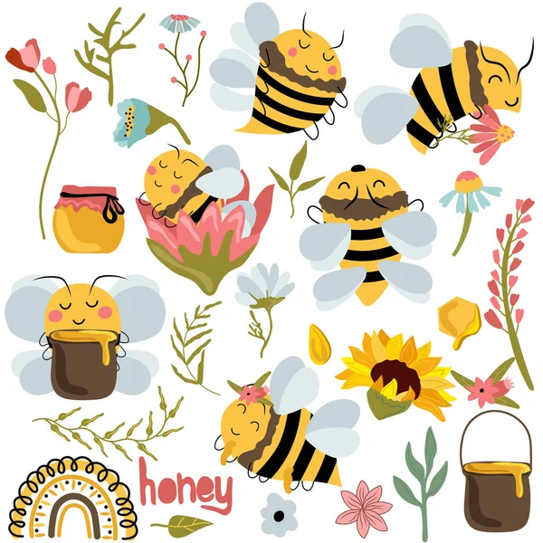 Bee Bundle Cute Bee Flower Wildflowers Honeycomb Glass Jar Honey —  Vetores de Stock