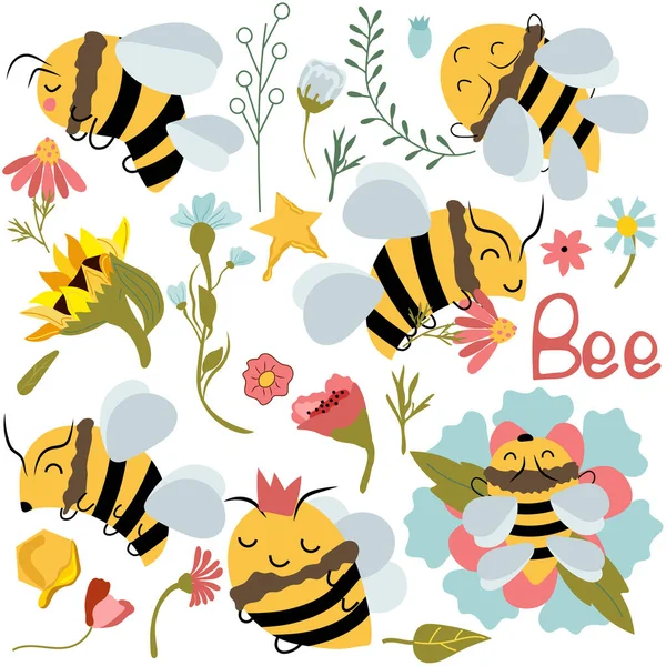 Bee Bundle Cute Bee Flower Wildflowers Honeycomb Sunflower Cartoon Honey — Archivo Imágenes Vectoriales