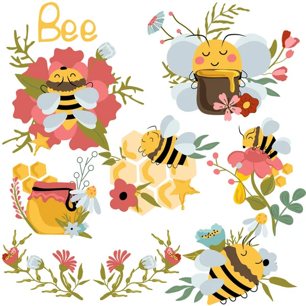 Bee Bundle Cartoon Cute Compositions Bee Flower Wreaths Wildflower Honeycomb — Archivo Imágenes Vectoriales