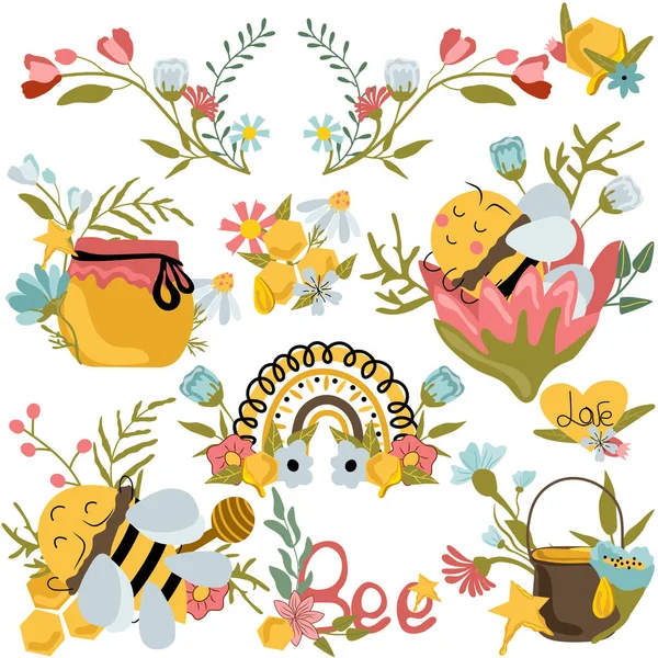 Bee Bundle Cute Compositions Bee Flower Wreaths Wildflowers Honeycomb Rainbow — Stockvektor