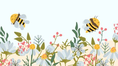 Vector cute illustration with wildflowers flowering meadow and honey bees. Composition for your brand, label, postcard. Illustration.