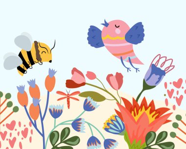 Vector cute illustration with wildflowers flowering meadow and honey bees and happy bird. Composition for your brand, label, postcard. Illustration