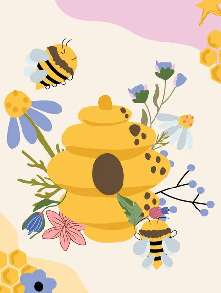Cute Composition Beehive Honey Bees Wildflowers Beautiful Illustration Your Logo — Wektor stockowy