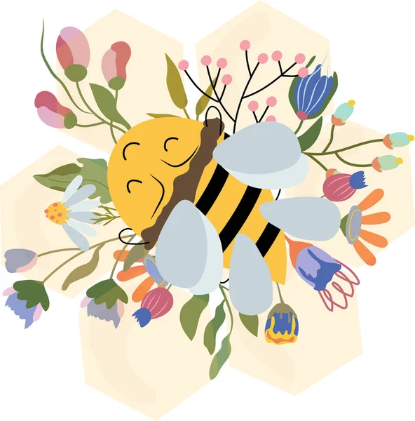 Cute Honey Bee Honeycomb Surrounded Blooming Wildflowers Beautiful Illustration Your — Wektor stockowy