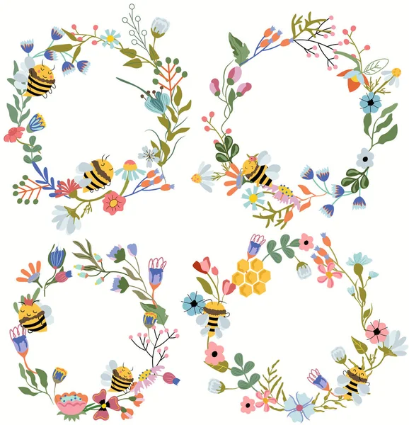 Vector Cute Wreaths Wildflowers Flowering Honey Bees Composition Your Greeting — Wektor stockowy