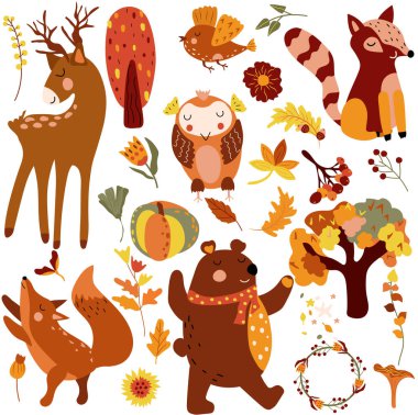 Autumn set, cute woodland animals cute deer, cunning fox, owl and others autumn elements, colored trees, autumn leaves, mushrooms. Perfect for web, harvest festival, banner, card and Thanksgiving
