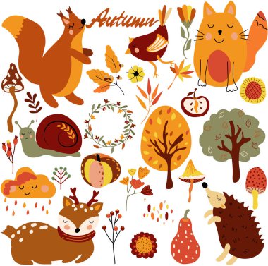 Autumn set, cute woodland animals and elements autumn cute squirrel, cat, hedgehog, bird, colored trees, autumn leaves, mushrooms. Perfect for web, harvest festival, banner, card and Thanksgiving