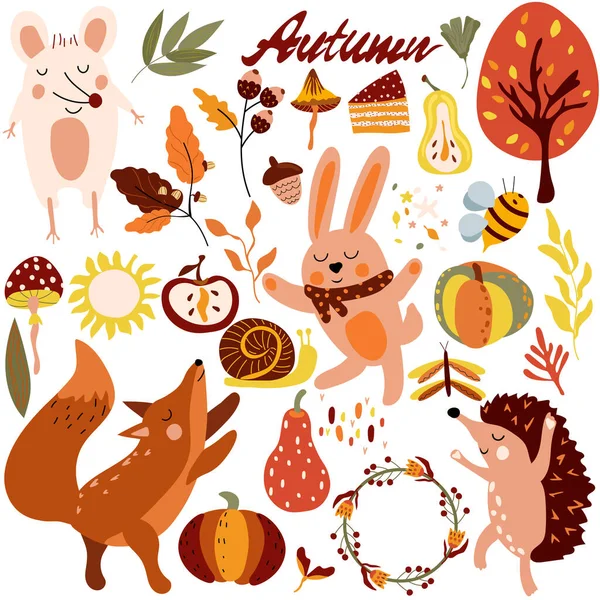 Autumn Set Cute Woodland Animals Elements Autumn Mouse Cunning Fox — Stockvektor