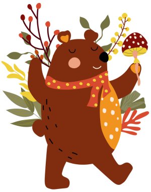 Autumn composition with a happy bear holding a mushroom, autumn berries, leaves and tree branches. Cute Autumn, perfect for web, harvest festival, banner, card and thanksgiving. Vector illustration.
