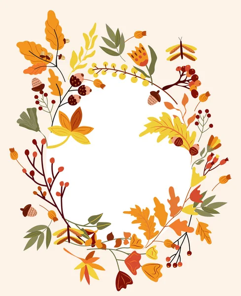 Cute Autumn Wreath Colorful Leaves Berryes Acorn Composition Your Greeting — Stockvektor