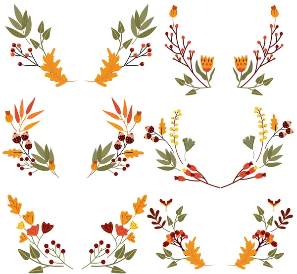 Cute Autumn Wreaths Colorful Flowering Berryes Leaves Composition Your Greeting - Stok Vektor