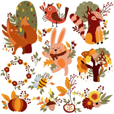 Autumn set, cute forest animals and autumn elements, cunning fox, dancing rabbit, funny raccoon, colorful trees, leaves, flowers. Perfect for web, harvest festival, banner, card and Thanksgiving.