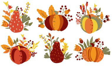 Set Autumn pumpkin composition with colorful leaves, red berry and acorns. Perfect for web, banner, card and Thanksgiving. Vector illustration.