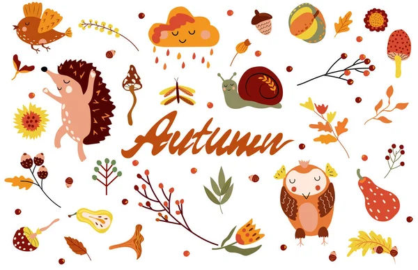 Autumn Poster Dancing Hedgehog Funny Snail Cute Owl Autumn Elements — Stockvektor