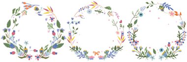 Bright wreath with flowers, colorful leaves and stars around. Floral collections. Magical illustrations for your as creating card, banner, birthday and other holidays. Vector.