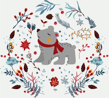 Sihirli kış, çelenk içinde şirin bir kutup ayısı, kış meyveleri, Noel çiçekleri, kandinav hayvanları. Kutlama kartları, posterler, el ilanları, afişler için mükemmel. Vektör.