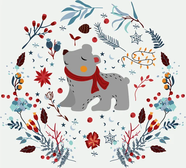 Чарівна Зима Фон Милим Білим Ведмедем Вінку Зимові Ягоди Різдвяні — стоковий вектор