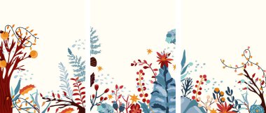 Noel ağacı, böğürtlen, çelenk, renkli yapraklar, ağaç ve diğerleriyle kış geçmişi. Kış kompozisyonları. Tebrik kartları, poster, kartpostal ve afiş için mükemmel. Vektör.