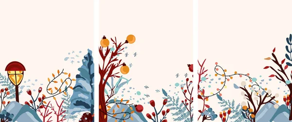 クリスマスツリー ベリー ガーランド カラフルな葉 山や他の冬の背景 冬の曲 グリーティングカード ポスター はがき バナーに最適です — ストックベクタ