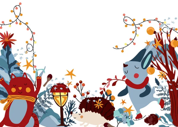 Зимова Композиція Милим Кроликом Шарфі Ковзанах Смішна Кішка Гірлянда Ягоди — стоковий вектор