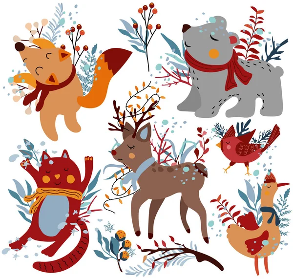 冬天可爱的动物 北极熊 披着围巾的有趣的狐狸 北方的红衣主教 有趣的猫 鲜花和树叶 冬天可爱的动物用来制作贺卡 明信片 — 图库矢量图片