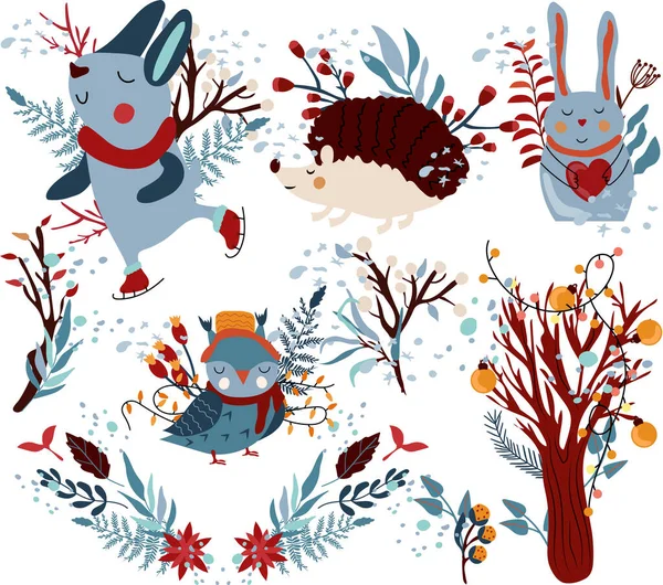 Зимові Композиції Милий Кролик Тримає Серце Смішна Сова Шарфі Кролик — стоковий вектор