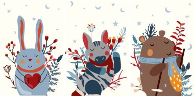 Kışın, elinde kalp, komik zebra, ayı ve renkli yapraklar olan sevimli bir tavşan. Kış hayvanları. Tebrik kartları, poster, kartpostal ve afiş için mükemmel. Vektör.