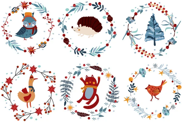 Набір Різдвяного Вінка Зимовими Тваринами Мила Сова Смішна Гуска Шарфі — стоковий вектор