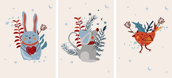 Різдвяна Облямівка Мишкою Шарфі Милий Кролик Тримає Серце Зимовий Птах — стоковий вектор