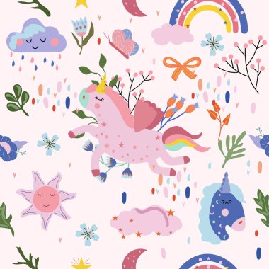 Tatlı Tekboynuz 'lu kusursuz desen renkli çiçekler ve yapraklar, bulut ve gökkuşağı. Unicorn 'la büyülü desen. Vektör illüstrasyonu. 