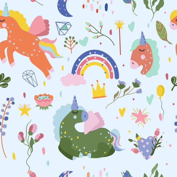 Motif Sans Couture Avec Licorne Magique Arc Ciel Coloré Fleurs — Image vectorielle