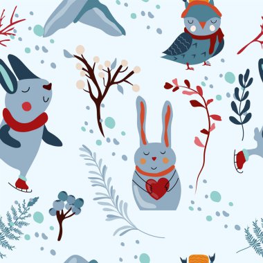 Eşarplı sevimli bir tavşan, komik bir baykuş, kalp tutan bir tavşan, parlak çiçekler, renkli yapraklar. Büyülü kış. Vektör illüstrasyonu.