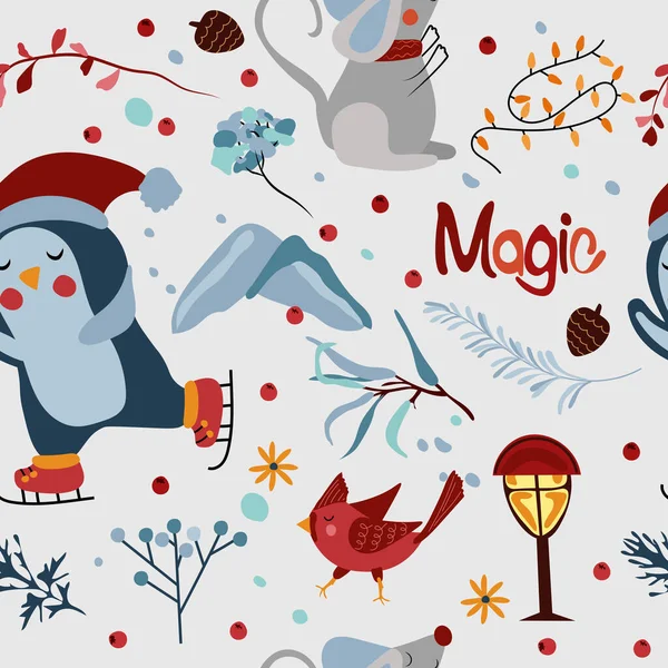 Зимові Безшовні Візерунки Кардинальною Пташкою Арктичним Пінгвіном Мишою Мишею Барвистими — стоковий вектор