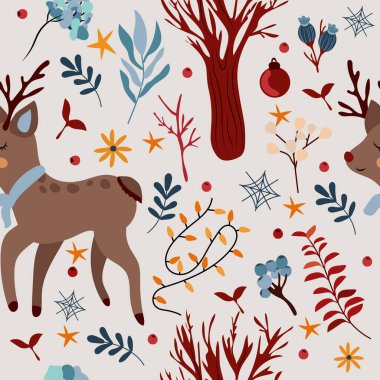 Kış hayvanlı kusursuz desenler, şirin ren geyikleri, Noel ağacı süslemeleri, çelenkler, ağaç, parlak çiçekler. Sihirli kış düzeni. Vektör illüstrasyonu.