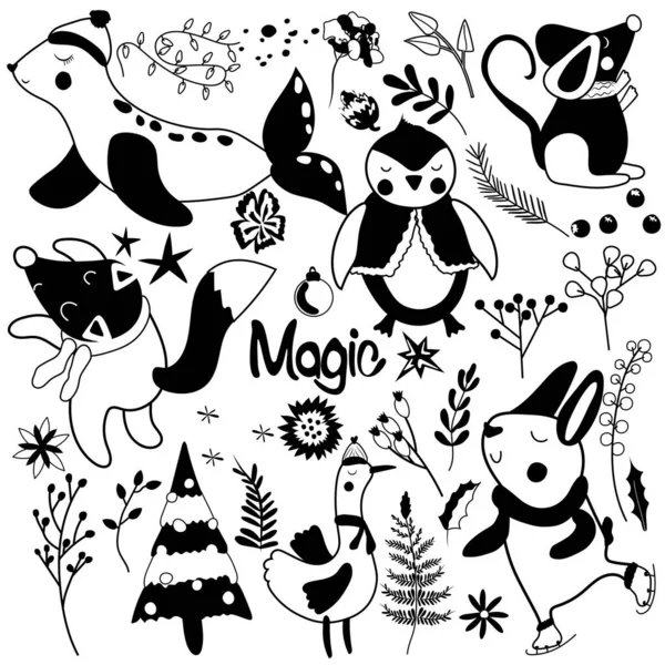 Czarno Białe Magiczne Zwierzęta Zimowe Słodkie Króliki Śmieszne Lisy Pingwiny — Wektor stockowy