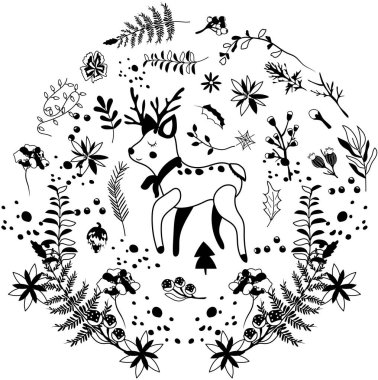 Siyah ve beyaz, kış çelenginde eşarp takan sevimli bir ren geyiği, kış meyveleri ve yapraklar, çelenk ve diğerleri. İskandinav hayvanları. Tebrik kartları, posterler, afişler, afişler için mükemmel. Vektör.