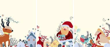 Kış kartı, eşarplı komik bir geyik, Noel Baba bir hediye tutuyor, klasik tarzda sallanan at, çam dalları, renkli yapraklar, ökseotu. Noel ve Yeni Yılı Kabul Et