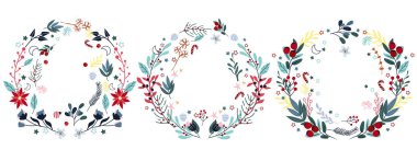 Parlak Noel çelengi, renkli çiçekler, şeker, çam dalı, kozalak, toplar. Noel ve Yeni Yıl kavramları. Tebrik kartları, poster, kartpostal ve afiş için mükemmel. Vektör.