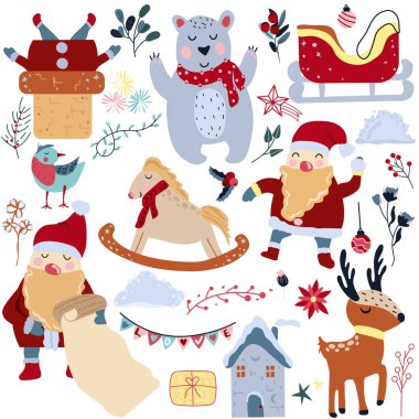 Noel Baba 'yla Noel koleksiyonu, sevimli kış geyiği, komik ayı, renkli yapraklar, çam dalları, kar ve diğer şeyler. Noel ve Yeni Yıl kavramları. Komik çizgi film karakterleri. Vektör.