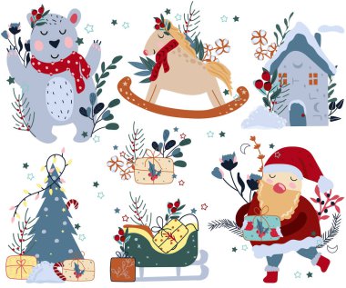 Atkı takmış kutup ayısıyla kış kompozisyonları, klasik tarzda sallanan at, Noel Baba 'nın elinde bir hediye var, Noel evi ve diğer şeyler. Noel ve Yeni Yıl kavramları. Vektör illüstrasyonu.