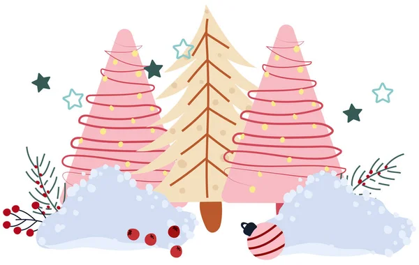 冬季卡片上有五彩缤纷的圣诞树 堆积如山的雪 松枝等 圣诞和新年的概念 完美的贺卡 明信片 — 图库矢量图片