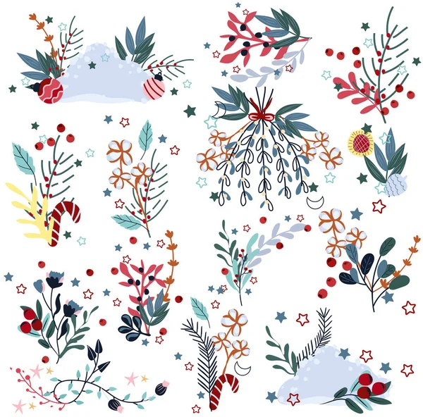 Λαμπερά Χειμωνιάτικα Λουλούδια Συνθέσεις Πουινσέτια Βαμβάκι Γκι Αγία Κλαδί Πεύκου — Διανυσματικό Αρχείο