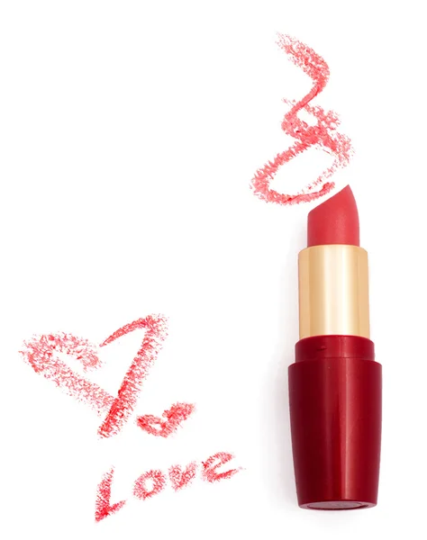 Smeared pink lipstick with hearts isolated on white — Stock Photo, Image